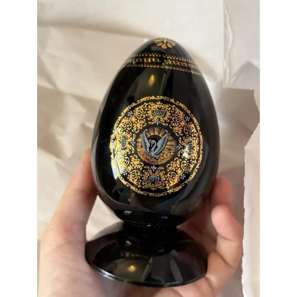 Two RUSSIAN Ruslan Ludmila BLACK PORCELAIN EGG Palekh Fairy Tale Story 4”